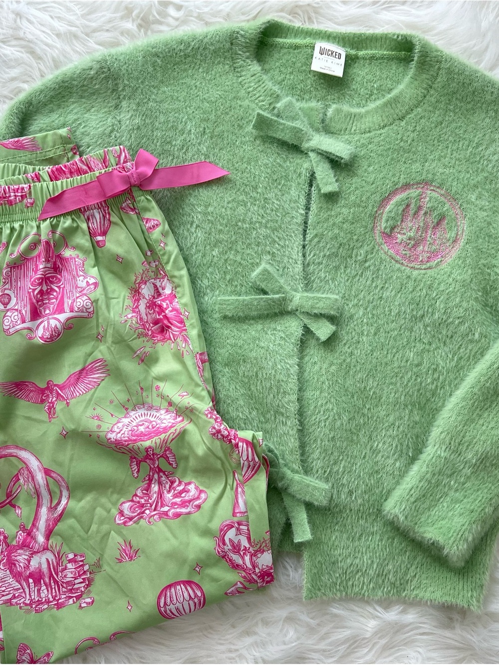 Katie K WICKED Green Knit Cardigan & Pink-Print Green Pajama Set